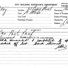 Building Inspectors Card: 33 Bay Street St Peters. Car port roof. 1 card.
