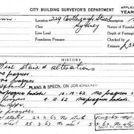 Building Inspectors Card: 229 Castlereagh Street, Sydney. Fire stair & alterations, approved 