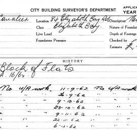 Building Inspectors Card: 84 Elizabeth Bay Rd, Elizabeth Bay. Block of flats, DA16/62. 1 Card.