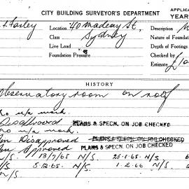 Building Inspectors Card: 40 Macleay Street Sydney. Observatory room on roof. 2 cards.