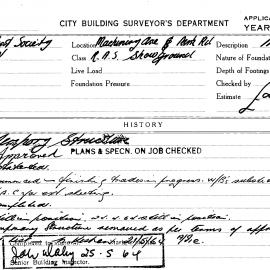 Building Inspectors Card: Machinery Avenue & Park Road, R.A.S. Showground. Tempory Structure. 1 