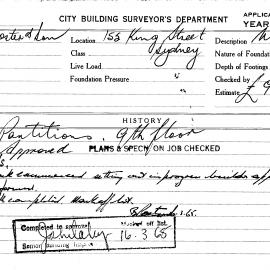 Building Inspectors Card: 155 King Street Sydney. Partitions 9th floor. 1 card.