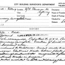 Building Inspectors Card: 76-78 Clarence Street Sydney. Alterations & additions. 1 card.