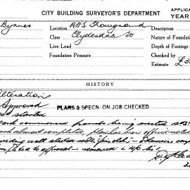 Building Inspectors Card: R A S Showground. Clydesdale Street. Alterations. 1 card.