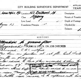 Building Inspectors Card: 153 Bathurst Street, Sydney. Alterations to ground floor. 1 Card.