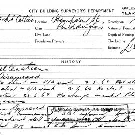 Building Inspectors Card: 1 Hampden Street, Paddington. Alterations. 2 Cards.