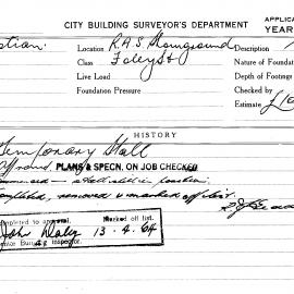 Building Inspectors Card: R.A.S. Showground, Foley Street. Temporary Stall. 1 Card.