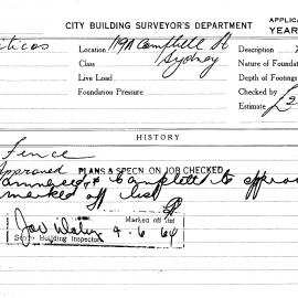 Building Inspectors Card: 119A Campbell Street, Sydney. Fence. 1 card.