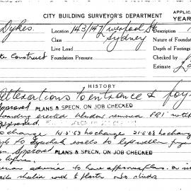 Building Inspectors Card - 143/147 Liverpool Street, Sydney. Alterations to entrance & foyer, 1963