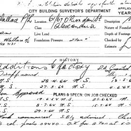 Building Inspectors Card: 61/67 O'Riordan Street, Alexandria. Additions to factory. 5 cards.