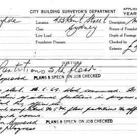 Building Inspectors Card: 433 Kent Street, Sydney. Partitions 5th floor. 1 card.