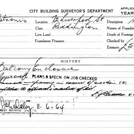 Building Inspectors Card: 72 Liverpool Street, Paddington. Balcony enclosure. 1 card.