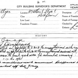 Building Inspectors Card: 37 Albert Street, Redfern. Garage. 1 card.