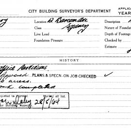 Building Inspectors Card: 12 Barcom Avenue, Sydney. Office partitions. 1 card.