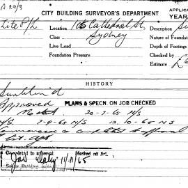 Building Inspectors Card: 105 Cathederal Street, Sydney. Application to install sunblind. 1 Card.