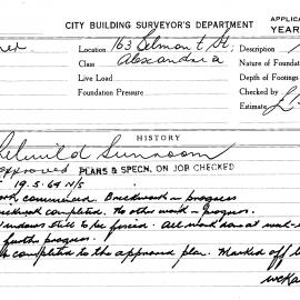 Building Inspectors Card: 163 Belmont Street, Alexandria. Rebuild sunroom. 1 card.