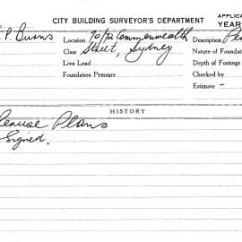 Building Inspectors Card: 70/72 Commonwealth Street, Sydney. Peruse plans. 1 card.