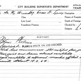 Building Inspectors Card: 567 George Street, Sydney. Application to build garage platform. 1 Card.