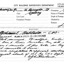 Building Inspectors Card: 36 Carrington Street, Sydney. Application to install mechanical 
