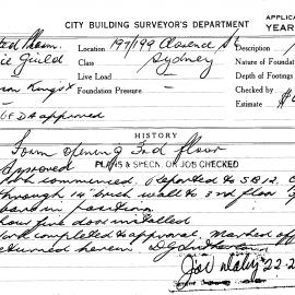 Building Inspectors Card: 197/199 Clarence Street, Sydney. Form opening 3rd floor. 1 Card.