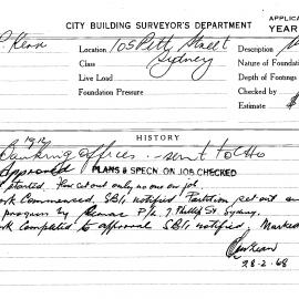 Building Inspectors Card: 105 Pitt Street Sydney. Banking Offices. 1 card.