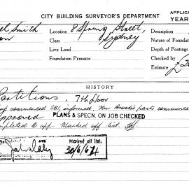 Building Inspectors Card: 8 Spring Street Sydney. Partitions 7th floor. 1 card.