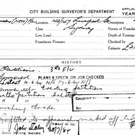 Building Inspectors Card: 143-147 Liverpool Street Sydney. Partitions 3rd floor. 1 card.