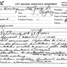 Building Inspectors Card: 255 George Street, Sydney. Partitions ground & 1st floors. 1 card.
