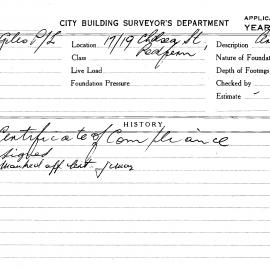 Building Inspectors Card: 17/19 Chelsea Street, Redfern. Certificate of compliance.1 card.