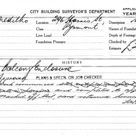Building Inspectors Card: 296 Harris Street, Pyrmont. Balcony enclosure 1 card.