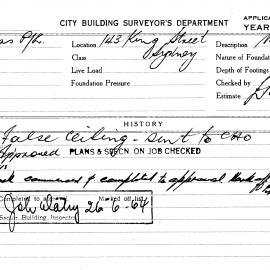 Building Inspectors Card: 143 King Street, Sydney. False ceiling. Sent to C.H.O.1 card.