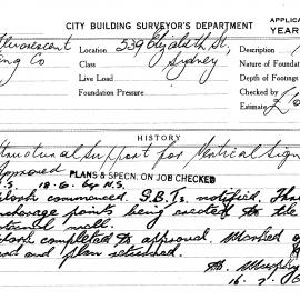 Building Inspectors Card: 539 Elizabeth Street, Sydney . Structural support for vertical sign.1 
