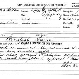 Building Inspectors Card: 113/133 Elizabeth Street, Sydney. Demolish stairs. 1 card.