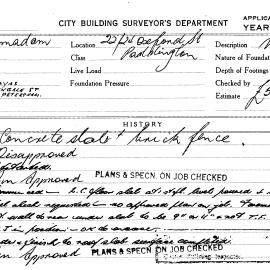 Building Inspectors Card: 22-24 Oxford Street, Paddington. Concrete slab & brick fence. 1 card.