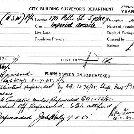 Building Inspectors Card: 170 Pitt Street Sydney. Imperial Arcade. Shop. 1 card.