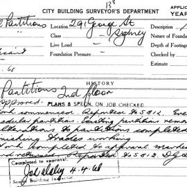 Building Inspectors Card: 291 George Street, Sydney. Partitions 2nd floor. 1 card.