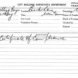 Building Inspectors Card: Brooks Lane, Newtown. Certificate of Compliance. 1 card.