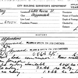 Building Inspectors Card: 5 Little Queen Street, Chippendale. Alterations. 1 Card.