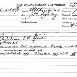 Building Inspectors Card: 43/45 Macquarie Street, Sydney. Application to erect partitions 5th 