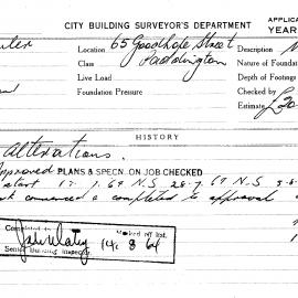 Building Inspectors Card: 65 Goodhope Street, Paddington. Alterations. 1 card.