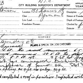 Building Inspectors Card: 153 Harris Street, Pyrmont. Application to build laundry. 2 Cards.
