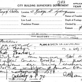 Building Inspectors Card: 21 Bridge Street, Sydney. Partitions. 1 Card.