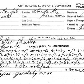 Building Inspectors Card: 25 Trade St, Newtown. Roller Shutter, approved 27/06/1967, not started, 