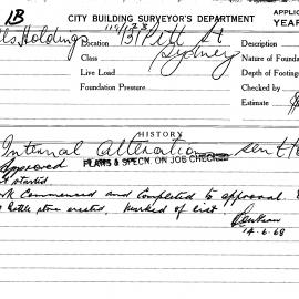 Building Inspectors Card: 119/123 and 131 Pitt Street. Sydney. Application to do Internal 