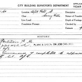 Building Inspectors Card: 46/58 Holt Street, Surry Hills. Partitions 7th Floor. 1 Card.