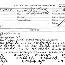 Building Inspectors Card - Additions, 58 City Road Chippendale, 1964-1965