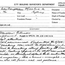 Building Inspectors Card: 89/105 Kent Street, Sydney Alterations & Extensions. 1 Card.