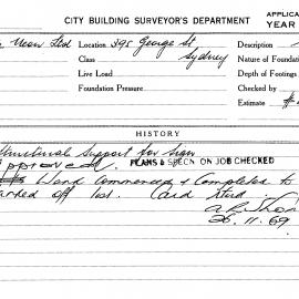 Building Inspectors Card: 395 George Street, Sydney. Structural Support for Sign. 1 Card.