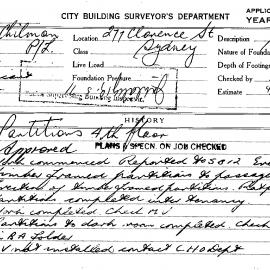 Building Inspectors Card: 277 Clarence St Sydney. Partitions 4th floor. 2 cards.