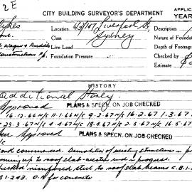 Building Inspectors Card - 143/147 Liverpool St, Sydney. Additional storey, 1966